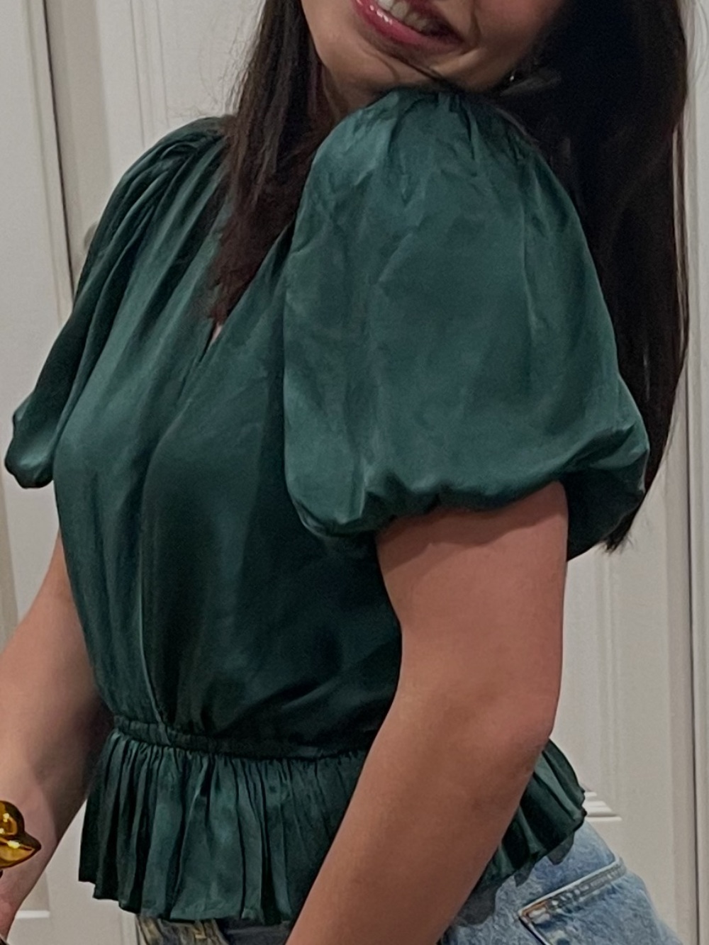 Karina Grimaldi Dark Emerald Green Puff-Sleeve Peplum Top